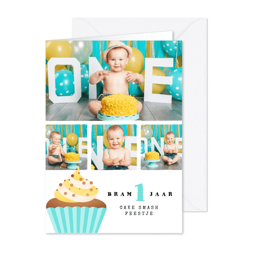 Kinderfeestje 1 jaar cake smash collage cupcake - Kaartimpressie