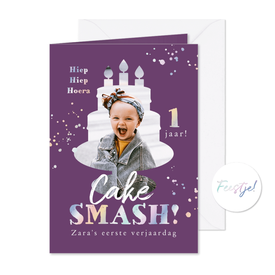 Kinderfeestje 1 jaar cake smash taart foto holografisch - Kaartimpressie