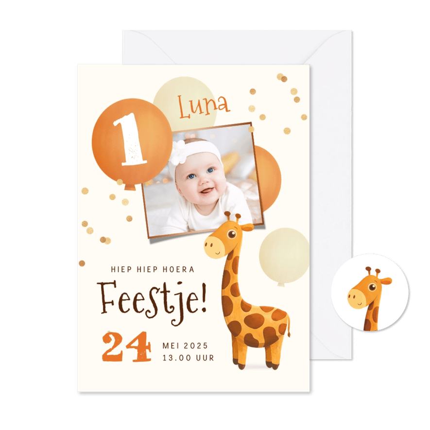 Kinderfeestje 1 jaar giraf ballonnen confetti foto - Kaartimpressie