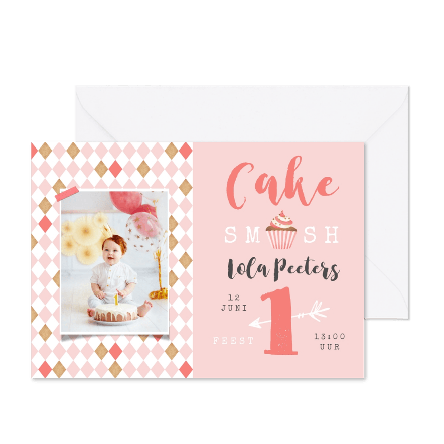 Kinderfeestje 1 jaar meisje cake smash cupcake foto roze - Kaartimpressie