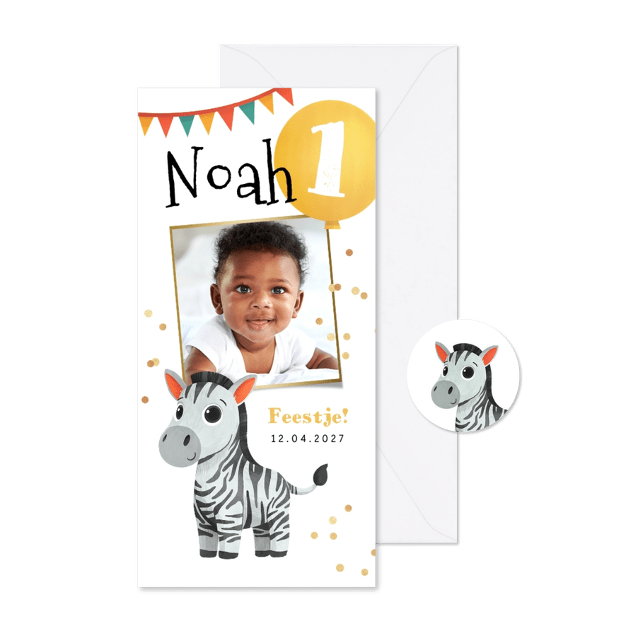Kinderfeestje 1 jaar zebra ballon foto confetti slingers - Kaartimpressie