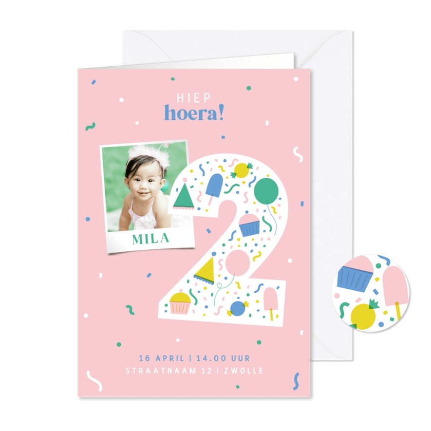 Kinderfeestje 2 jaar vrolijk met foto - Kaartimpressie