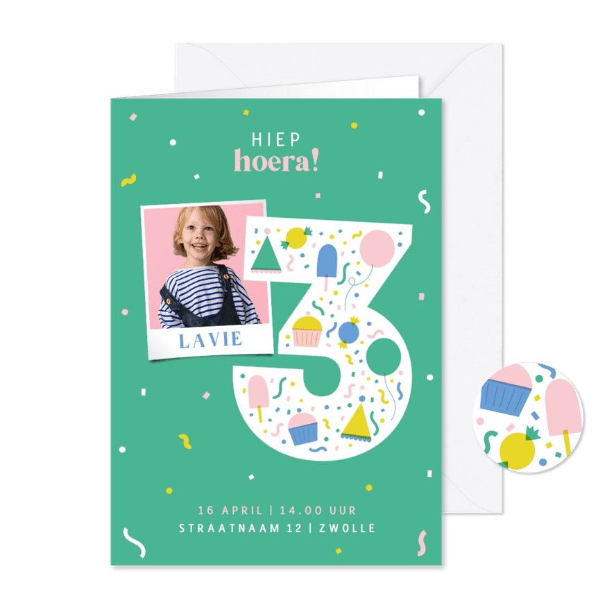 Kinderfeestje 3 jaar vrolijk met foto - Kaartimpressie
