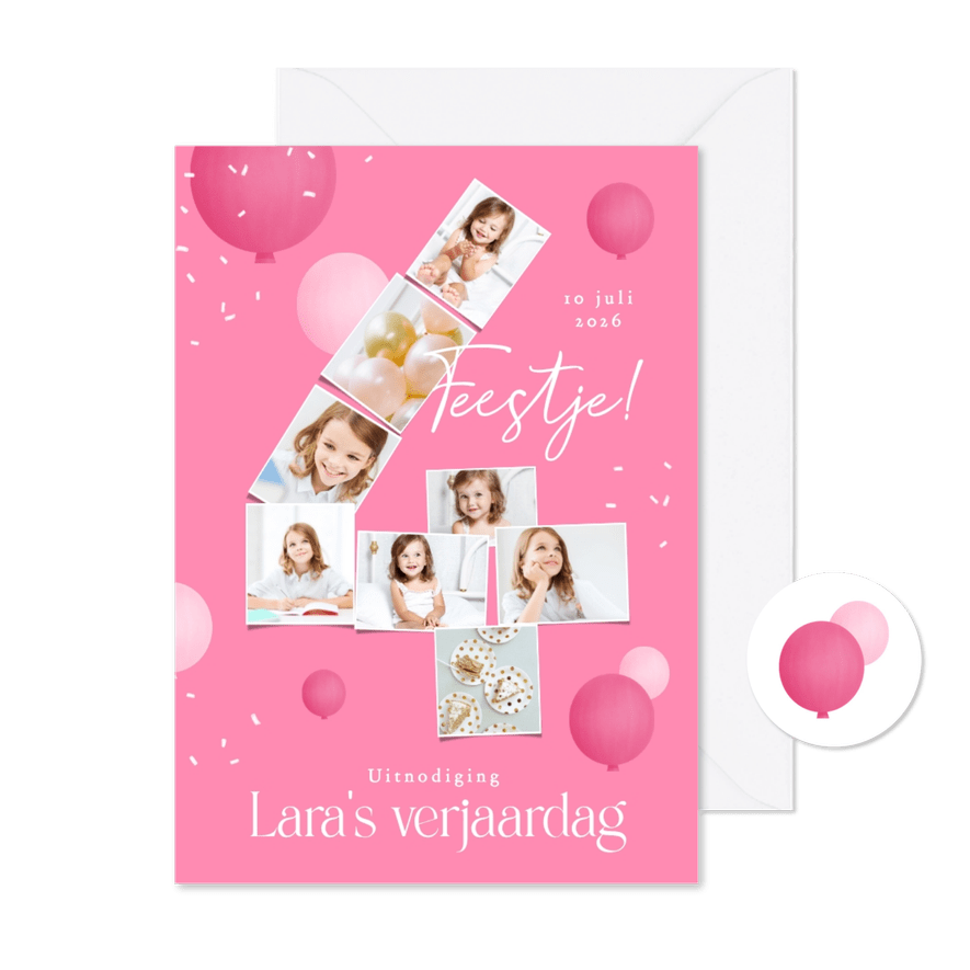 Kinderfeestje 4 jaar fotocollage confetti ballonnen roze - Kaartimpressie