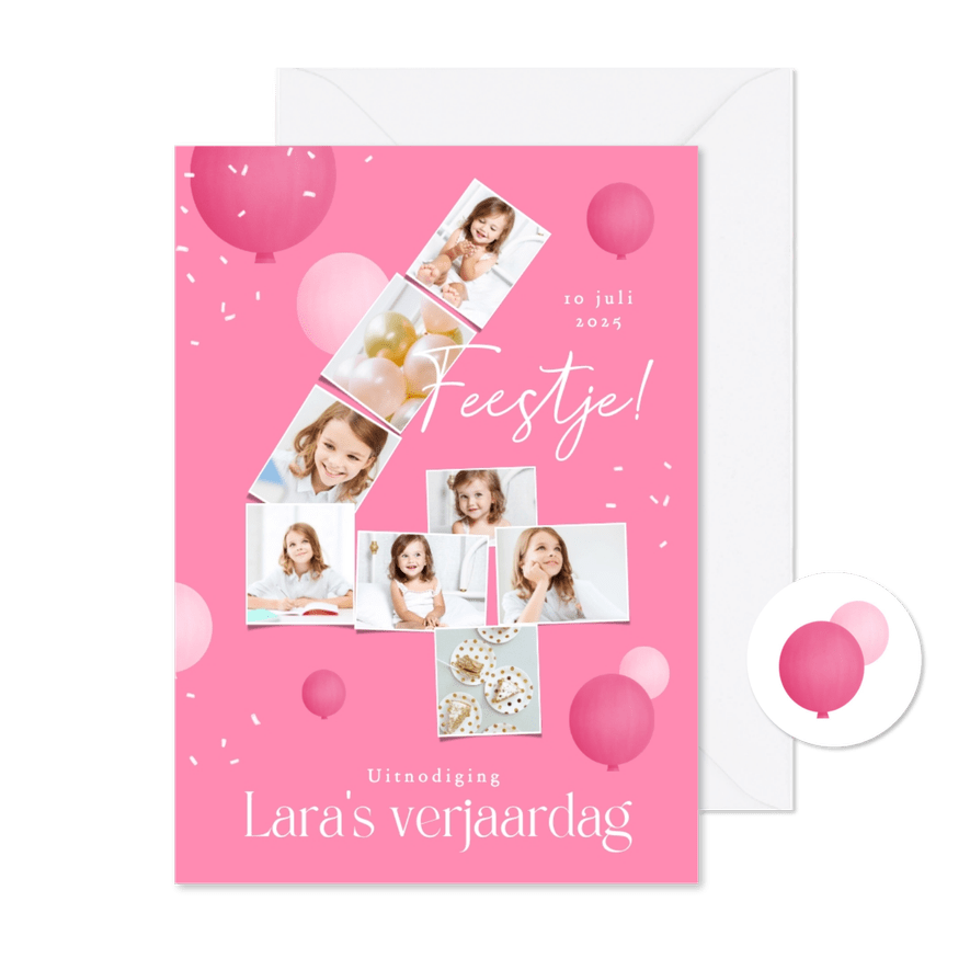 Kinderfeestje 4 jaar fotocollage confetti ballonnen roze - Kaartimpressie