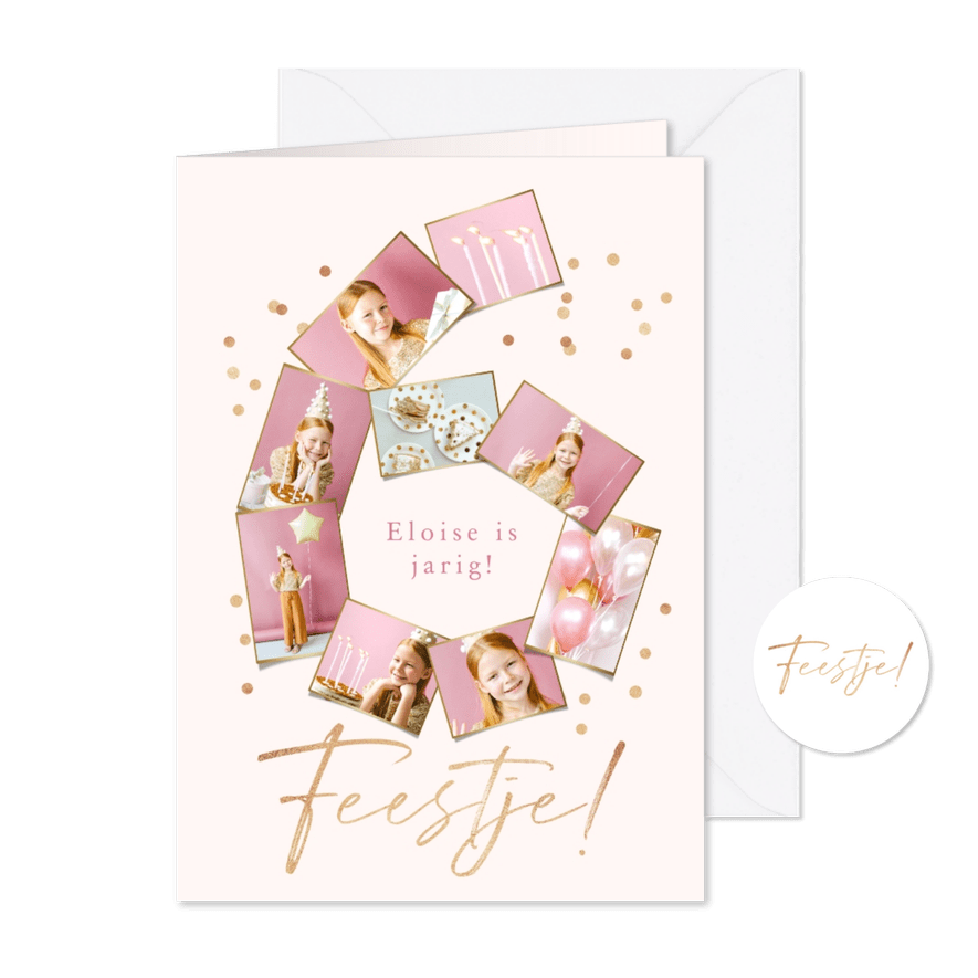 Kinderfeestje 6 jaar fotocollage confetti goud - Kaartimpressie