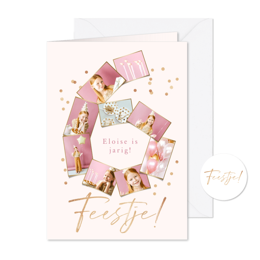 Kinderfeestje 6 jaar fotocollage confetti goud - Kaartimpressie