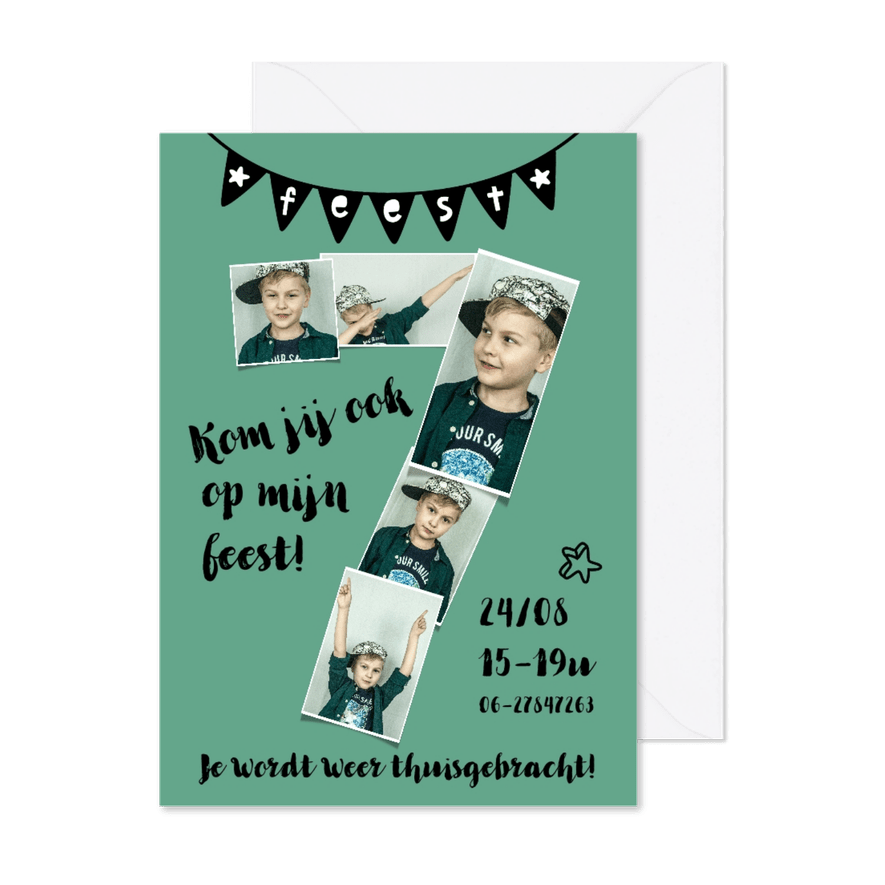 Kinderfeestje 7 jaar fotokaart voor jongen of meisje - Kaartimpressie