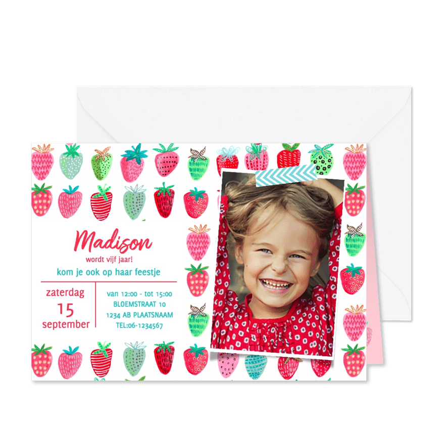 Kinderfeestje Aardbeien Rood fruit - Kaartimpressie
