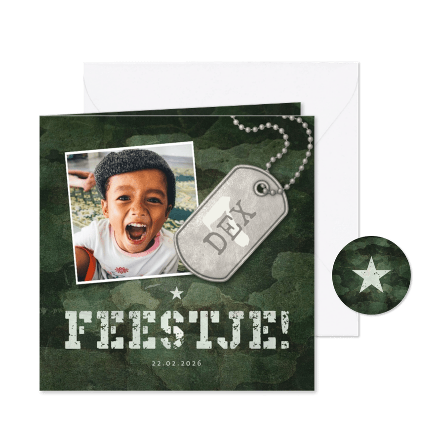 Kinderfeestje army stoer met foto en legerplaatje - Kaartimpressie