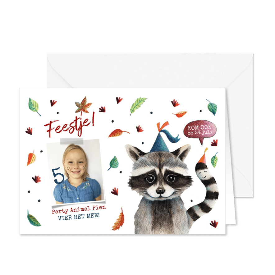 Kinderfeestje arty animal wasbeer - Kaartimpressie