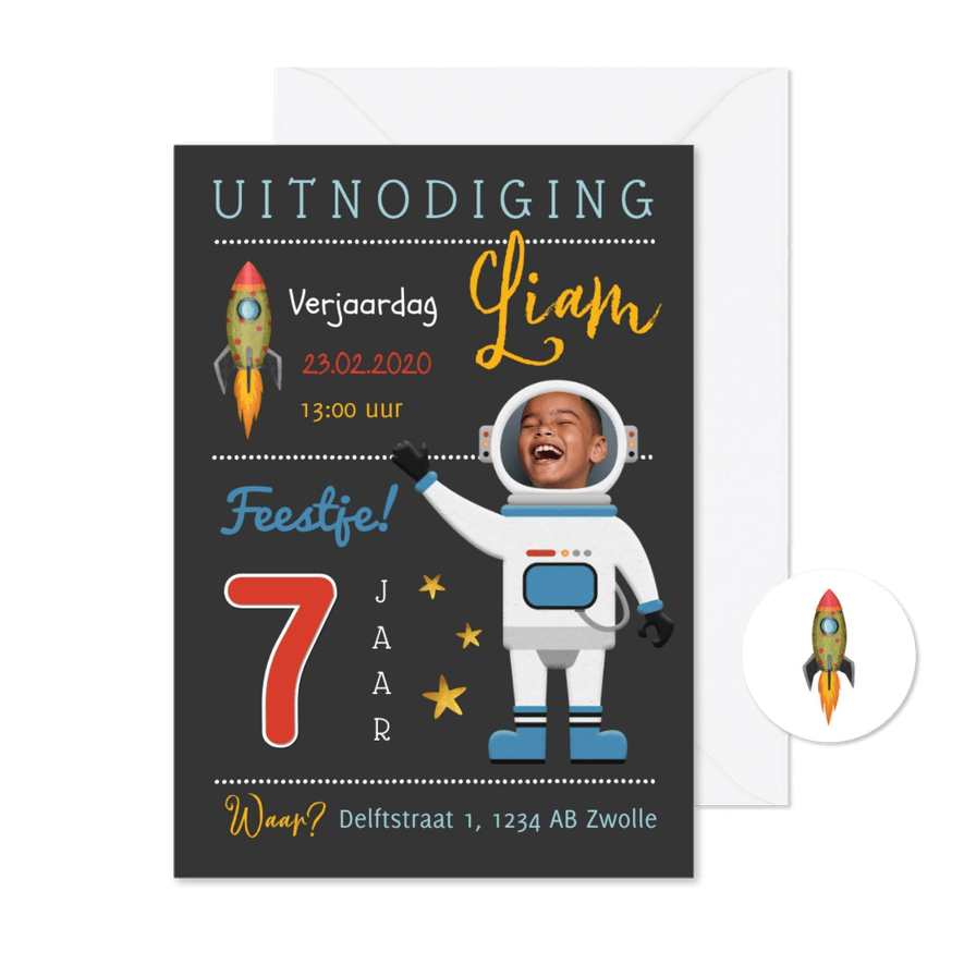 Kinderfeestje astronaut raket sterren superheld - Kaartimpressie
