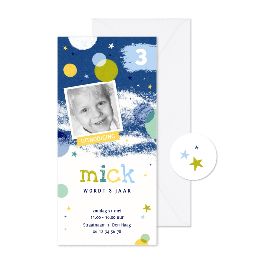 Kinderfeestje ballen sterren donkerblauw groen geel - Kaartimpressie