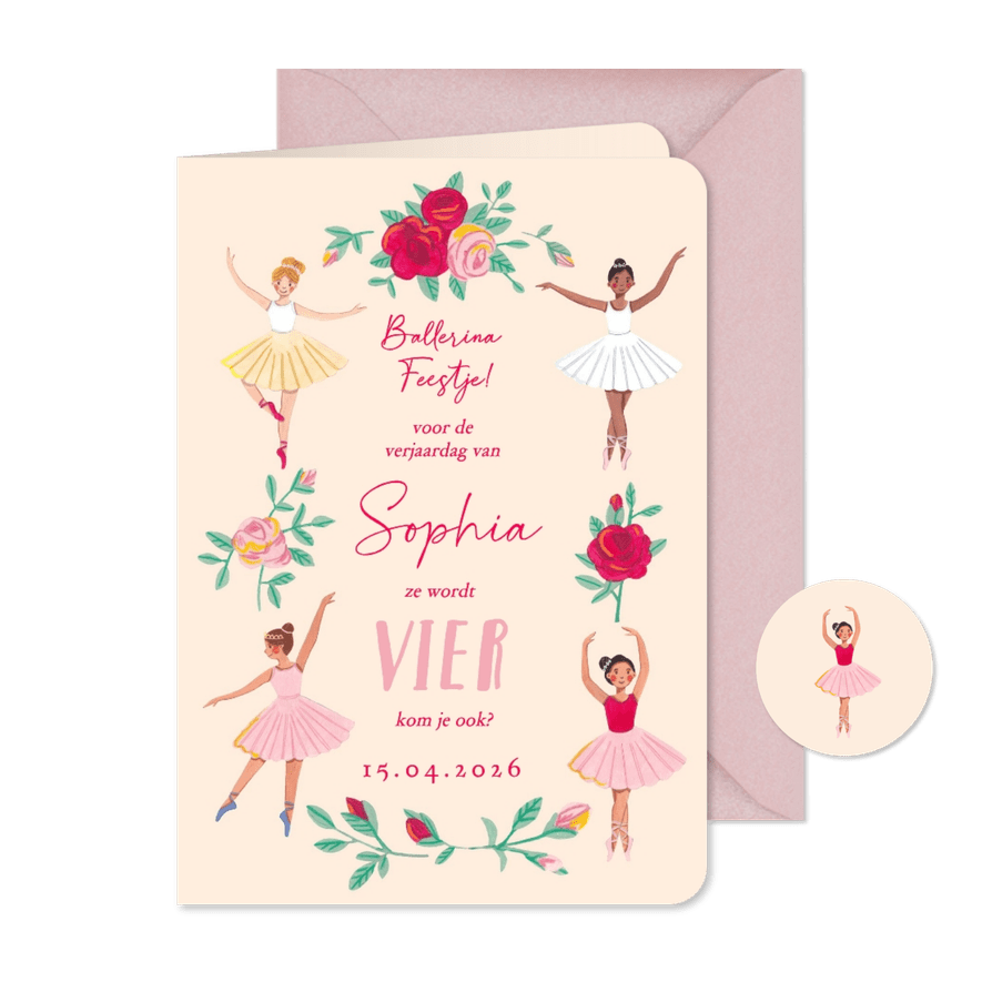 Kinderfeestje ballerina ballet en roosjes - Kaartimpressie