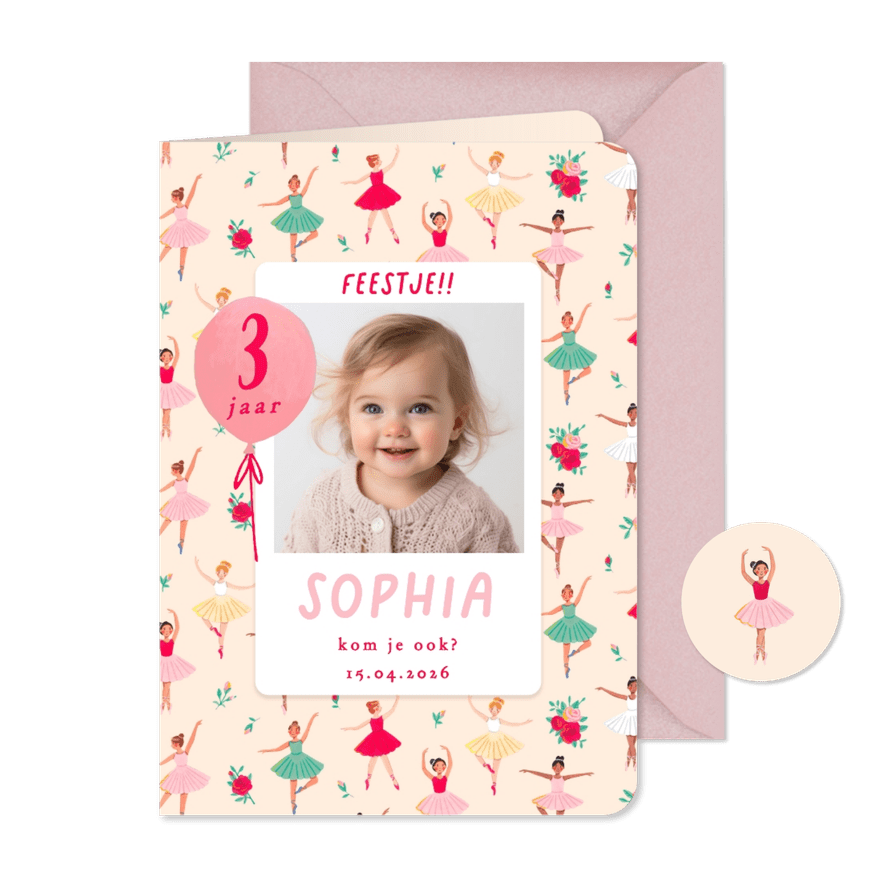 Kinderfeestje ballerina en bloemen - Kaartimpressie