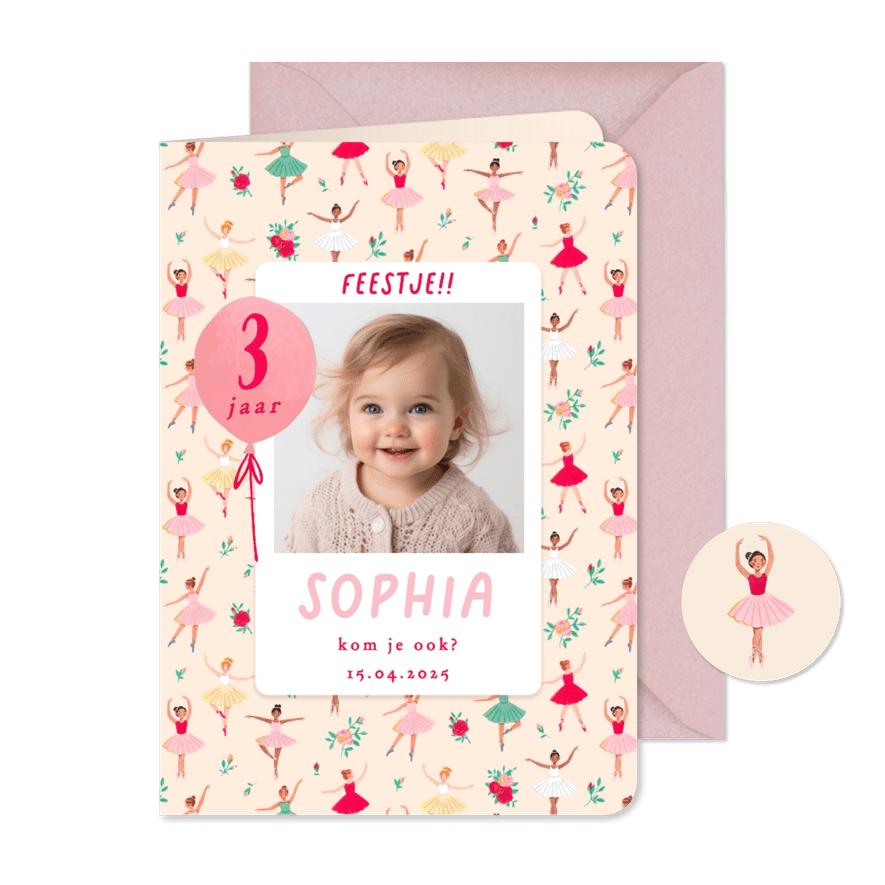 Kinderfeestje ballerina en bloemen - Kaartimpressie