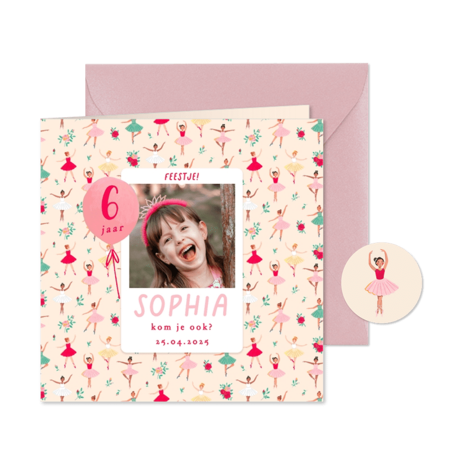 Kinderfeestje ballet ballerina en bloemen - Kaartimpressie