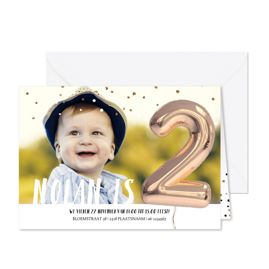 Kinderfeestje Ballon 2 jaar confetti - Kaartimpressie