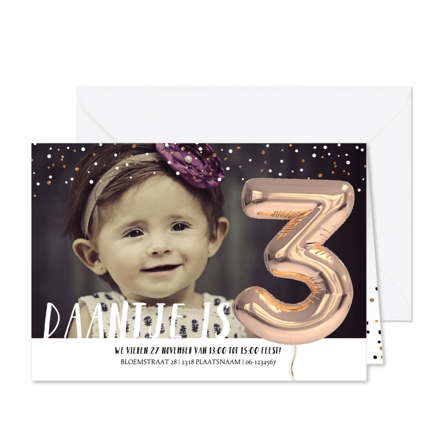 Kinderfeestje Ballon 3 jaar confetti - Kaartimpressie