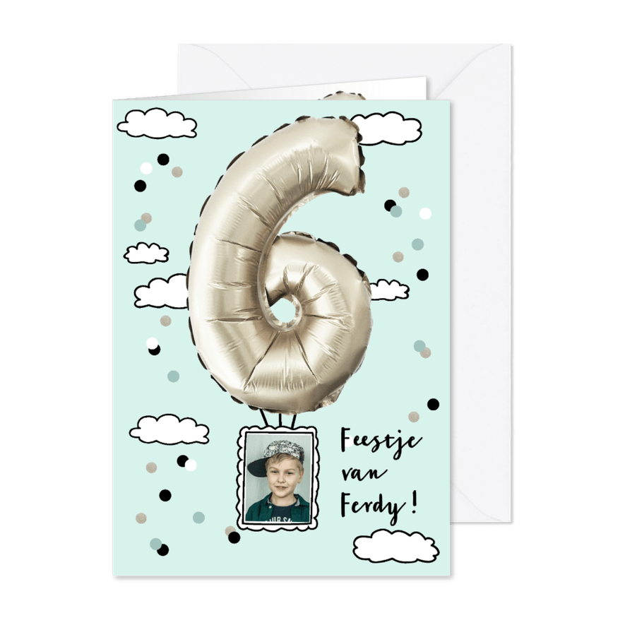 Kinderfeestje ballon 6 jaar met eigen foto's - Kaartimpressie