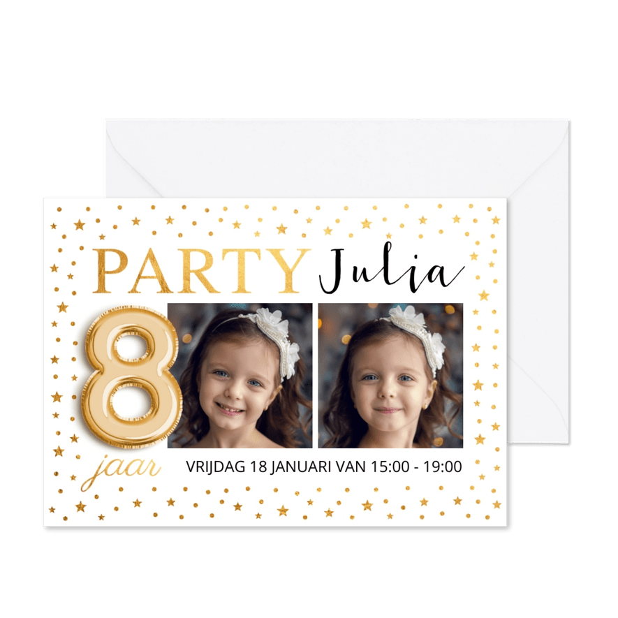 Kinderfeestje ballon 8 jaar foto met goudlook confetti - Kaartimpressie