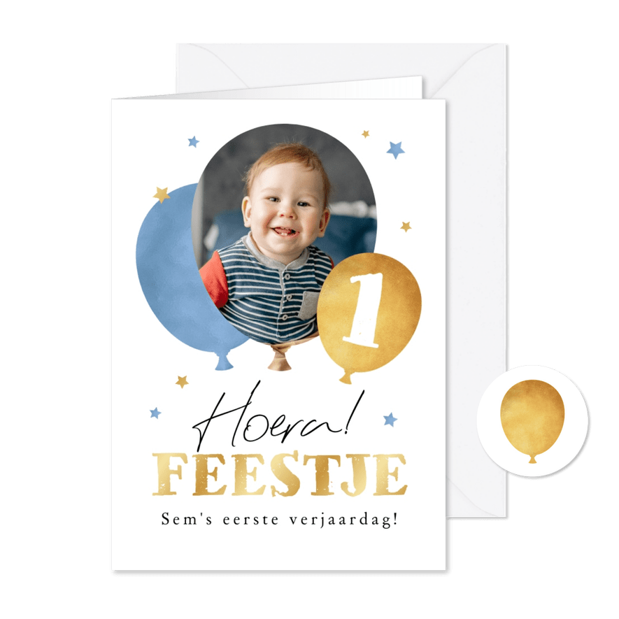 Kinderfeestje ballonnen 1 jaar sterren goud foto - Kaartimpressie