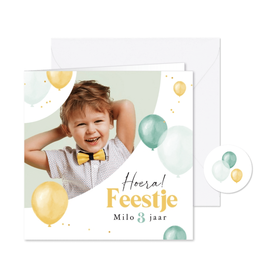Kinderfeestje ballonnen confetti goud foto fotokaart - Kaartimpressie