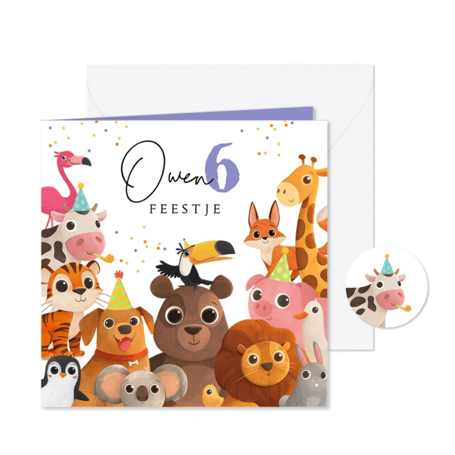 Kinderfeestje beestenboel dieren confetti feest uitnodiging - Kaartimpressie
