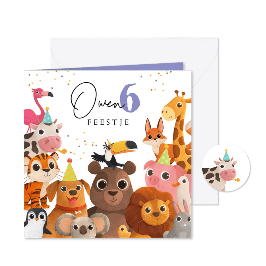 Kinderfeestje beestenboel dieren confetti feest uitnodiging - Kaartimpressie