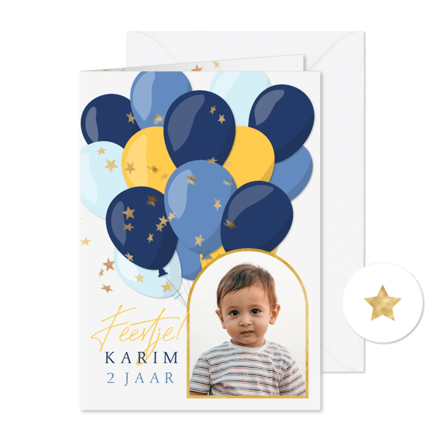 Kinderfeestje blauw & gele ballonnen met gouden sterconfetti - Kaartimpressie