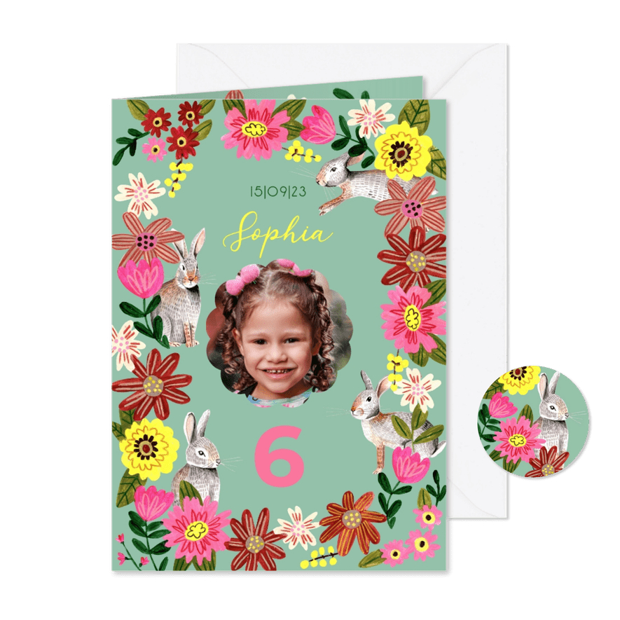 Kinderfeestje bloemen en konijnen - Kaartimpressie