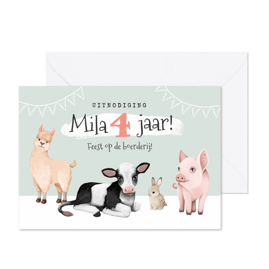 Kinderfeestje boerderij dieren feest slingers - Kaartimpressie