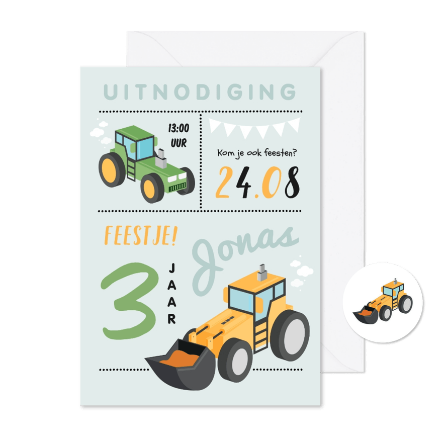 Kinderfeestje boerderij tractor grafamachine stoer jongen - Kaartimpressie