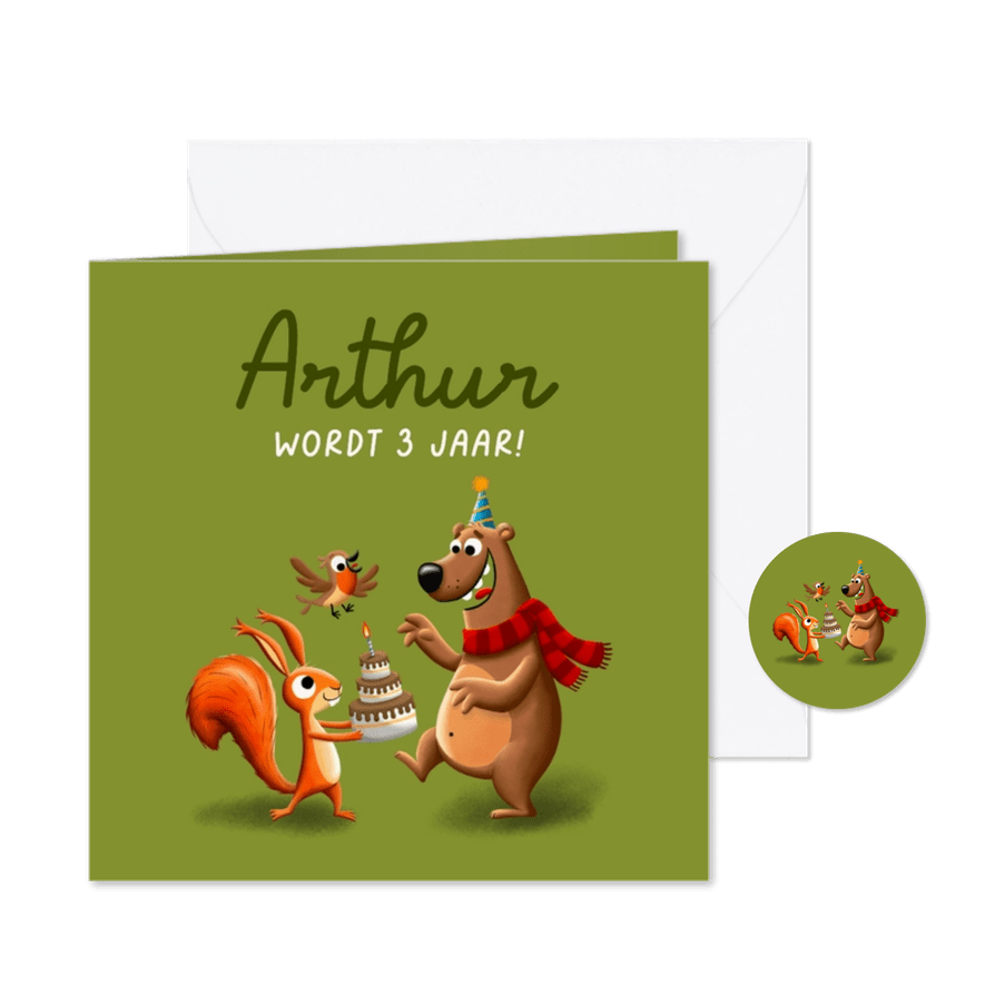 Kinderfeestje bosdieren op een aanpasbare achtergrond - Kaartimpressie