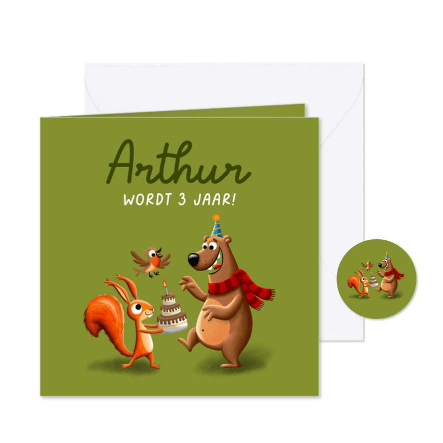 Kinderfeestje bosdieren op een aanpasbare achtergrond - Kaartimpressie