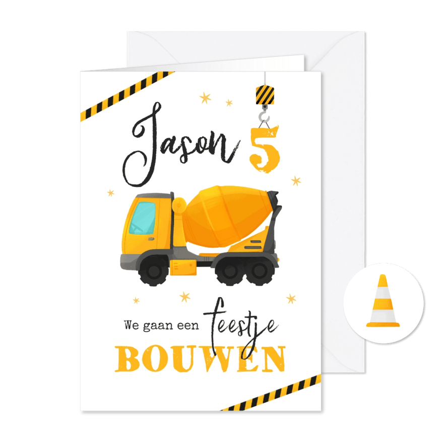Kinderfeestje bouwen cementwagen hijskraan - Kaartimpressie