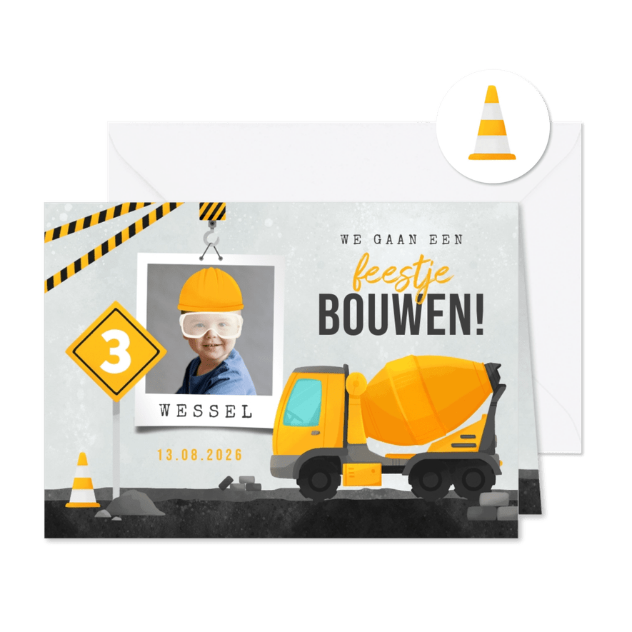 Kinderfeestje bouwen feestje stoer bouwvoertuigen foto - Kaartimpressie