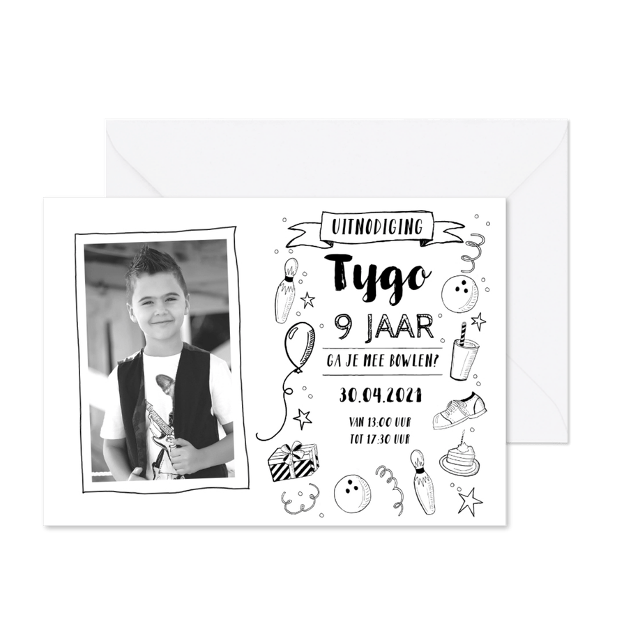 Kinderfeestje bowlen foto stoer zwart-wit - Kaartimpressie
