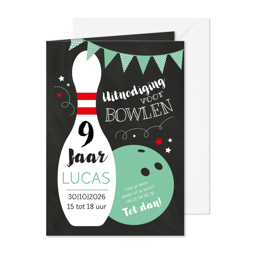 Kinderfeestje bowlen groene bal - Kaartimpressie