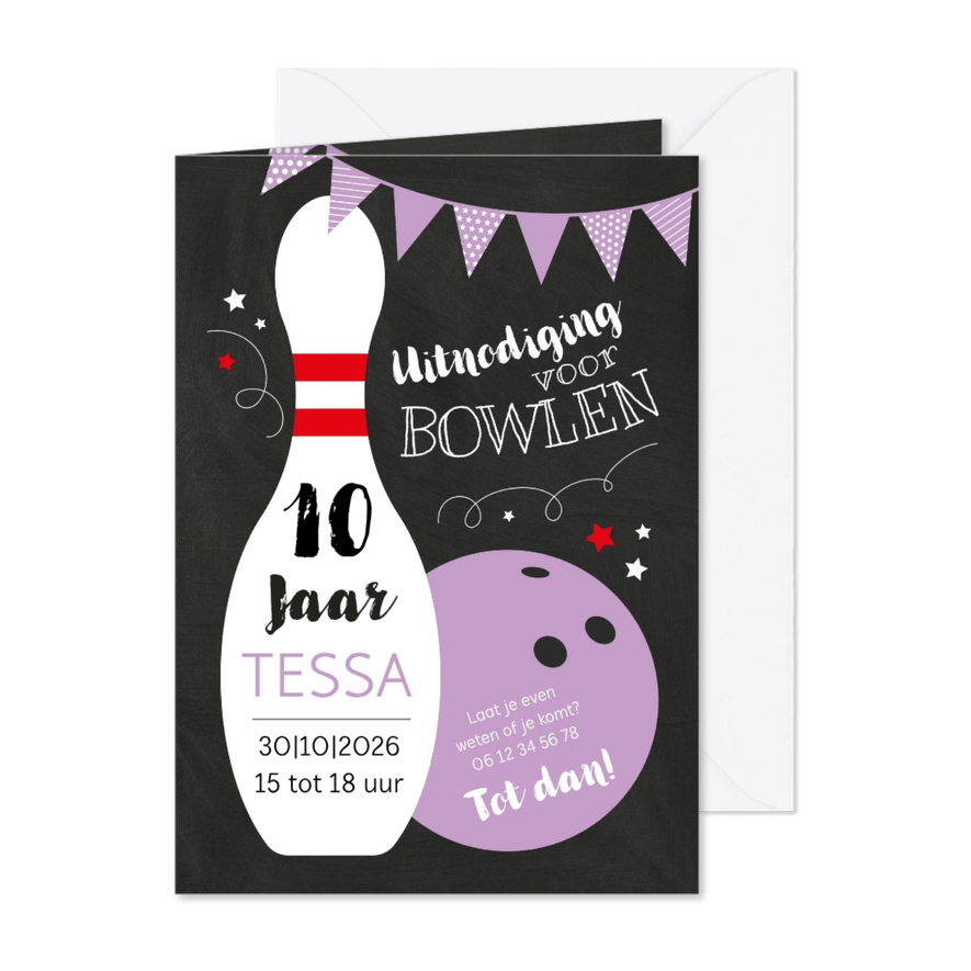 Kinderfeestje bowlen paarse bal - Kaartimpressie
