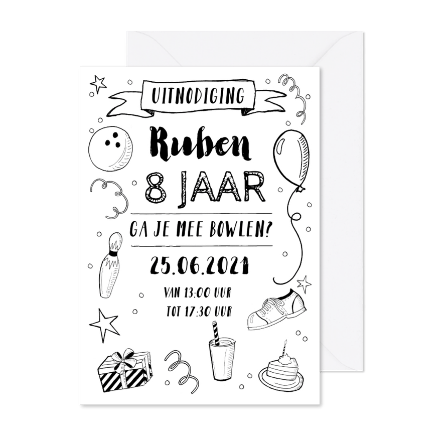 Kinderfeestje bowlen zwart wit stoer - Kaartimpressie