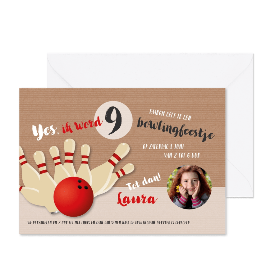 Kinderfeestje bowlingbal en vallende kegels - Kaartimpressie