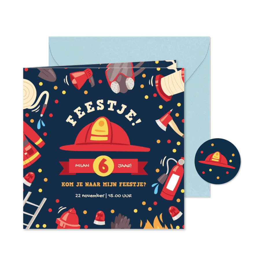 Kinderfeestje brandweer thema met confetti - Kaartimpressie