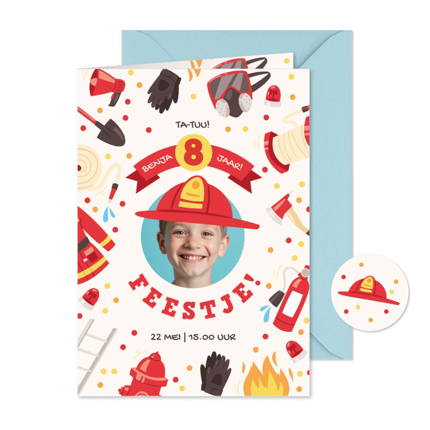 Kinderfeestje brandweer thema met foto en confetti - Kaartimpressie