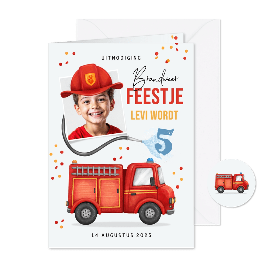Kinderfeestje brandweer thema uitnodiging foto vuur - Kaartimpressie