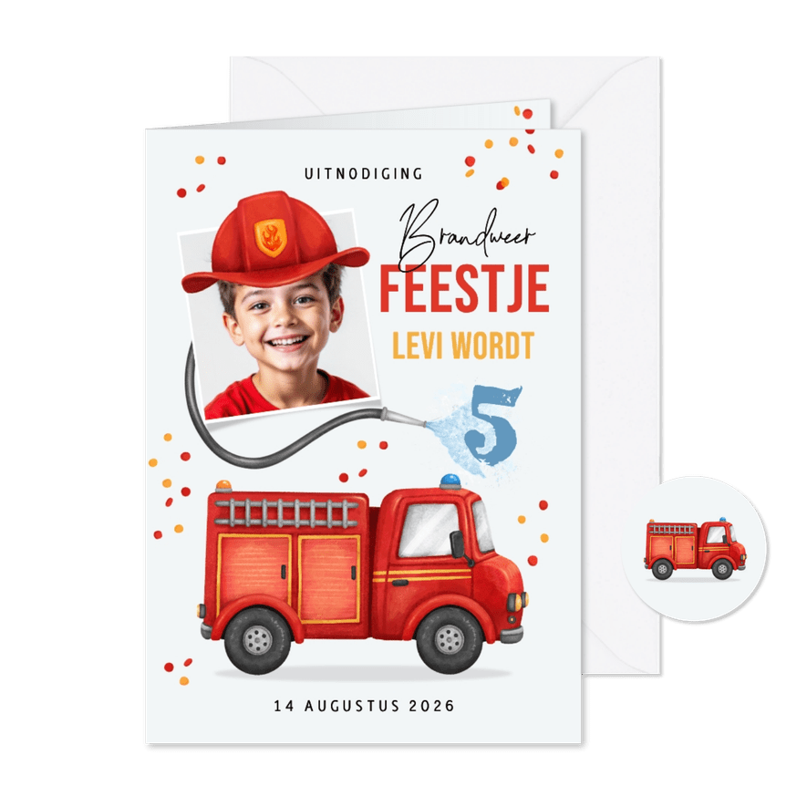 Kinderfeestje brandweer thema uitnodiging foto vuur - Kaartimpressie