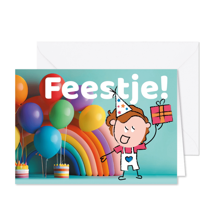 Kinderfeestje cadeautje regenboog ballonnen taart - Kaartimpressie