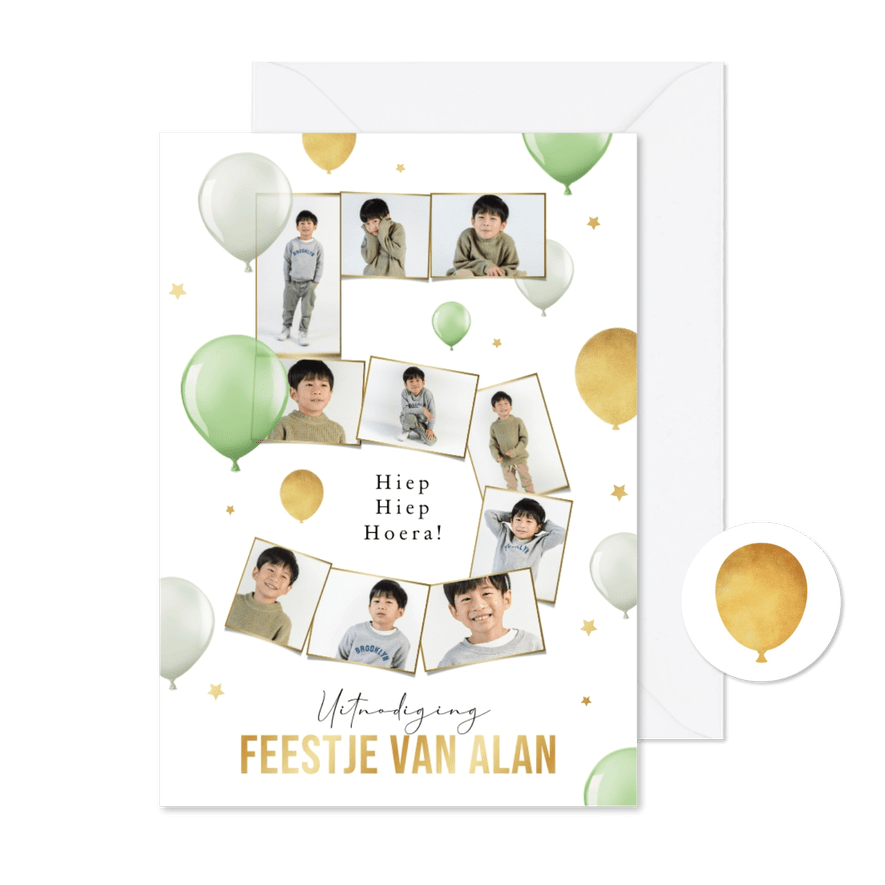 Kinderfeestje cijfer 5 fotocollage goud ballonnen sterren - Kaartimpressie