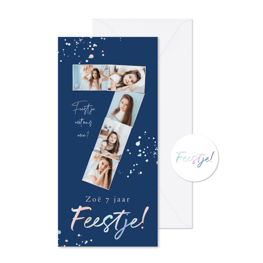 Kinderfeestje cijfer 7 jaar uitnodiging foto holografisch - Kaartimpressie
