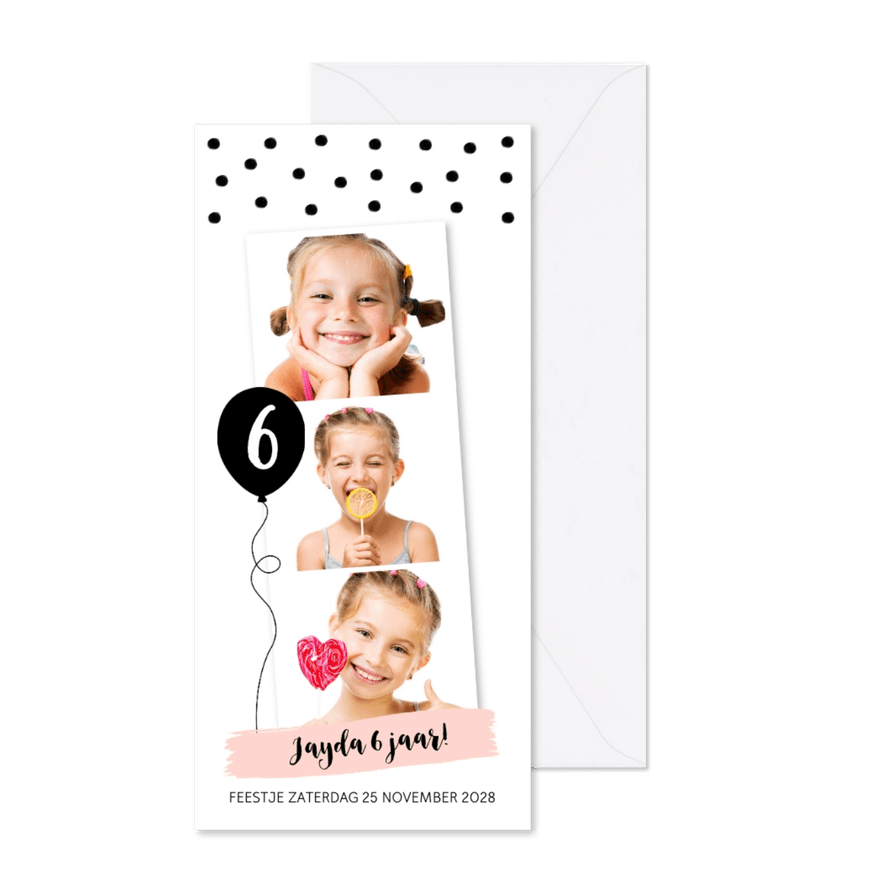 Kinderfeestje confetti ballon fotocollage langwerpig - Kaartimpressie